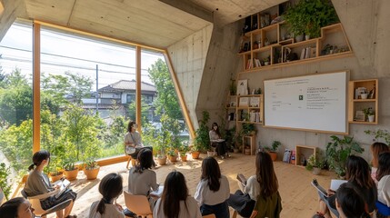 Modern classroom, presentation,  urban view,  plant-filled interior