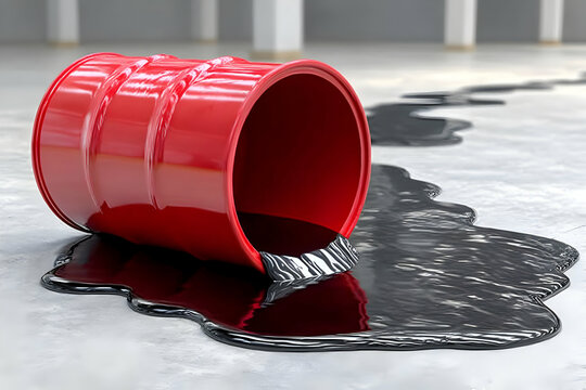 A red oil drum tipped over, spilling black liquid onto a factory floor. The scene captures the potential hazards of industrial processes.