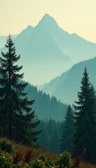 Fototapeta premium Vintage-toned photo, misty mountain fir forest, scenic, film, misty