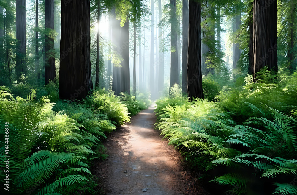 Poster a serene forest scene with tall trees and lush ferns, illuminated by soft sunlight breaking through 