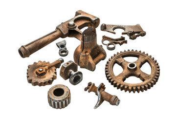 Artistic arrangement of vintage metal tools and machine parts on a pristine white background