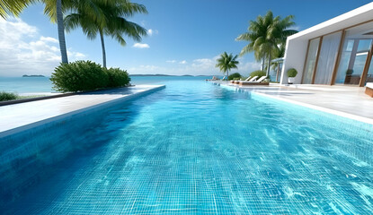 Fototapeta premium A serene infinity pool overlooking a crystal-clear ocean, surrounded by lush palm trees and modern architecture, perfect for relaxation and vacation vibes.