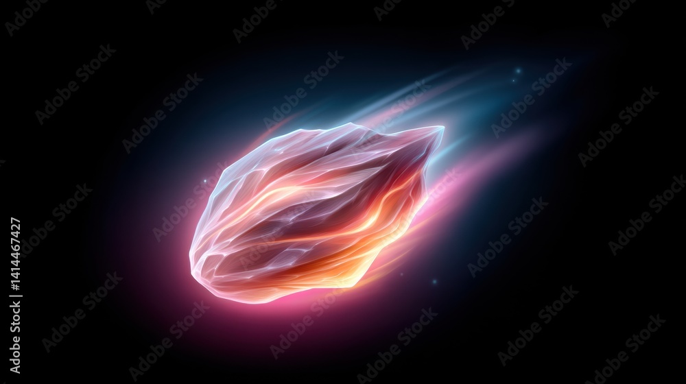 Poster a vibrant, abstract depiction of a comet-like object, featuring flowing colors and dynamic motion ag