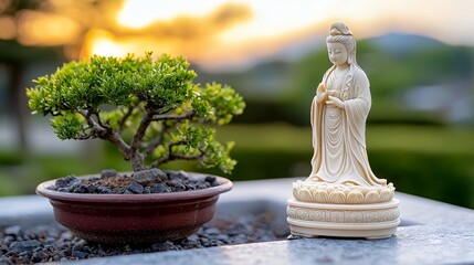 Bonsai tree and guanyin statue in serene outdoor scene