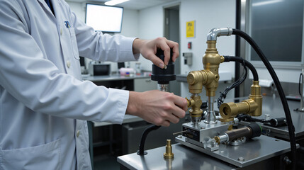Engineer Testing Scientific Instrument with Brass Fittings in Bright Laboratory Environment