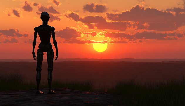 Robot watches sunset over plain