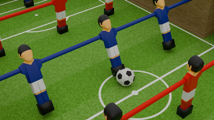 Stylized 3D Foosball Table with Colorful Player Figures, Game Ready. Close up view.