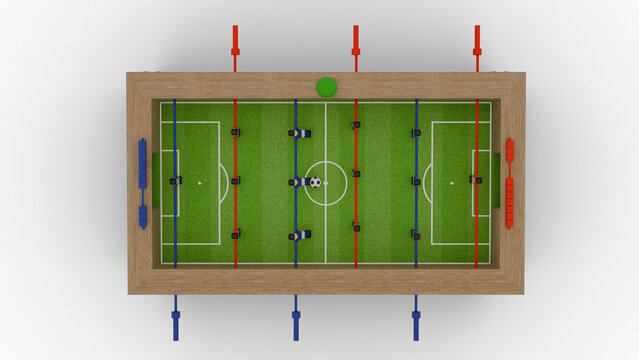Stylized 3D Foosball Table with Colorful Player Figures, Game Ready. Top up view.