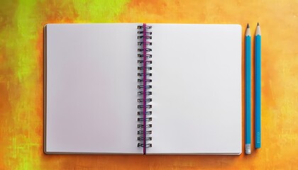 Open Spiral Notebook with Blank White Pages and Two Blue Pencils For Mockup