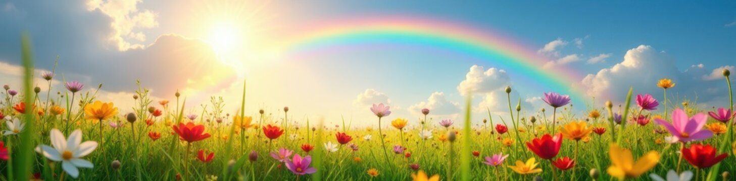 Sunlit meadow, rainbow arc over vibrant spring blooms, bright, red, growth