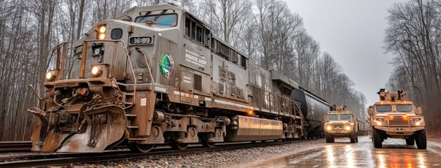 Black armored train seen passing through an industrial area, alongside parked cargo cars transporting vehicles and trucks