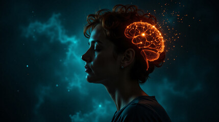 Woman in Deep Thought with Glowing Brain Emanating Sparks Amidst Ethereal Backdrop of Imagination