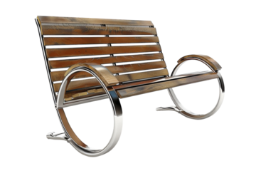 A creatively designed modern bench made of wood and metal, perfect for public parks or gardens