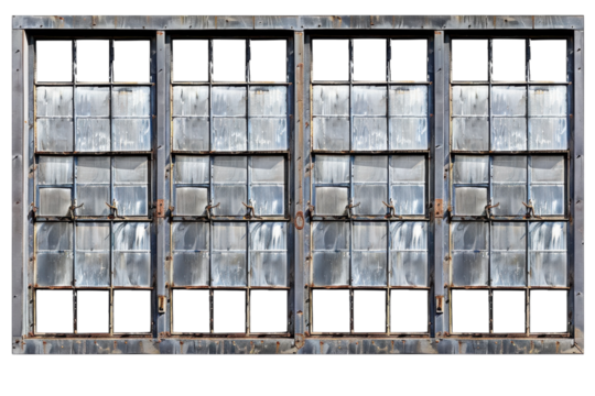 Rustic charm of an old factory window with four panes reflecting light on a sunny day