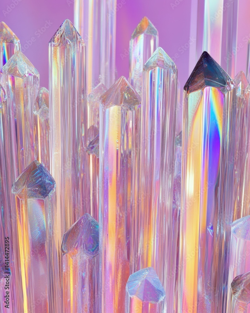 Poster iridescent crystal formations against a soft pink backdrop creating a dreamy ethereal and magical at