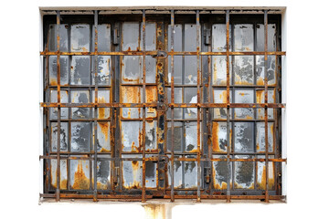 Rusting metal bars create a striking contrast against a weathered wall under a cloudy sky