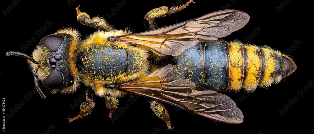Poster detailed macro of a bee covered in pollen against a black background showcasing intricate details an