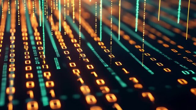 A mesmerizing array of glowing numbers creates a digital landscape at night, with vibrant orange and blue data streams cascading downward, evoking a sense of technology and innovation.