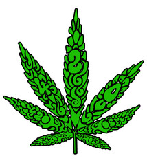 a weed leaf drawn in a trippy 1960's style with the numbers 420 on the leaves