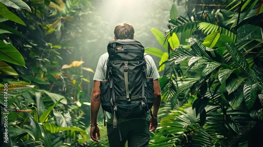 Poster a hiker walks down a narrow path in a dense rainforest, surrounded by tall trees and thick greenery,