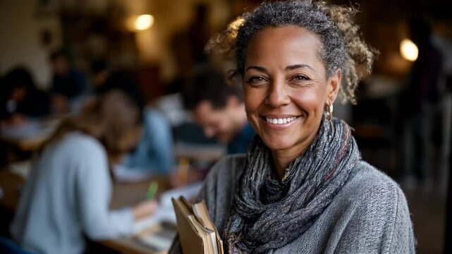Bust-length portrait of a charismatic and approachable female university professor in her 40s, holding books inside a classroom with students studying in the background, soft natural light, Generative
