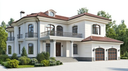 Fototapeta premium Elegant White Mansion with Red Tile Roof and Lush Greenery Captivating Architectural Design of a Luxurious Residence in a Serene Setting