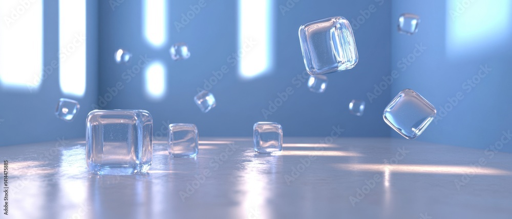 Poster serene minimalist scene of floating ice cubes in a light blue room creating a refreshing and cool at