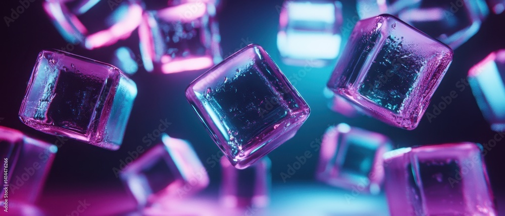 Poster abstract ice cube composition with vibrant neon lighting creating a modern and refreshing visual moo