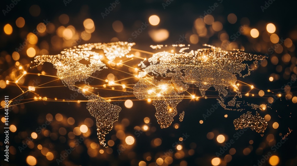 Poster global connectivity network illustrated by glowing dots and lines on a world map with a dark backgro