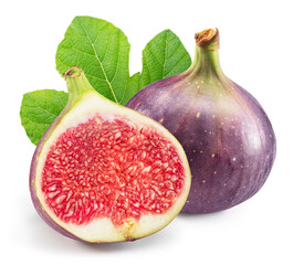 Fig fruit with leaf and fig cross cut isolated on white background. File contains clipping path.