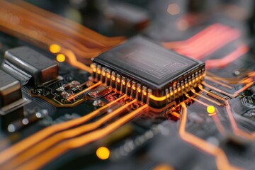 Futuristic Close-Up of Microchip on High-Tech Circuit Board – Advanced Technology and Innovation Concept

