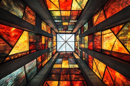 Dynamic Modern Stained Glass Roof with Strong Geometric Patterns and Vibrant Color Elements.