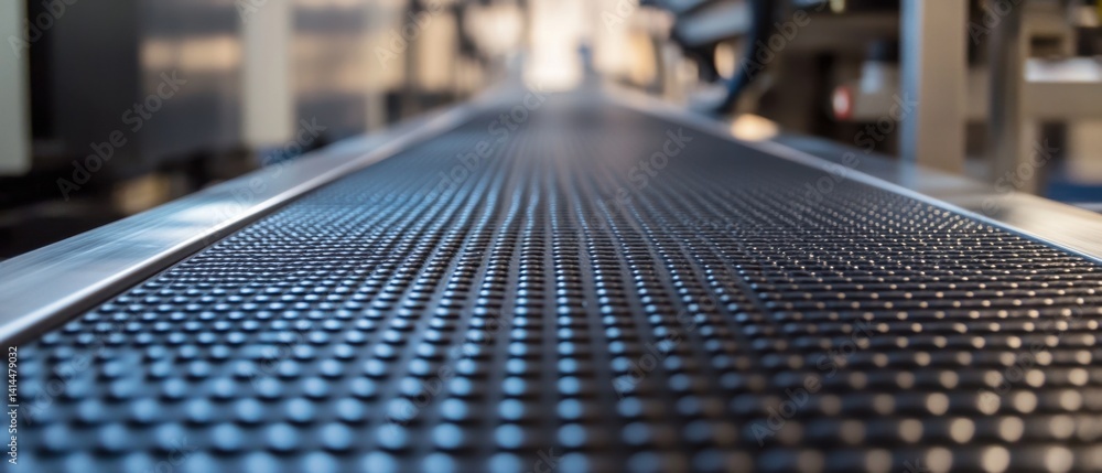 Poster industrial conveyor belt system in operation with a shallow depth of field and a modern factory sett