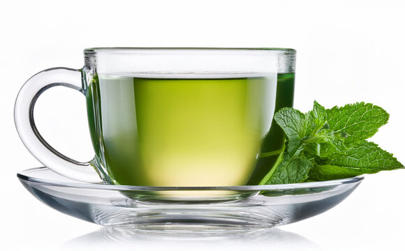 Close up de una taza de cristal con infusion verde de hierbas poleo o menta, sobre un platillo con una cucharilla