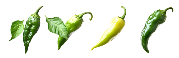Set of Green chili pepper Anaheim isolated on a white background.