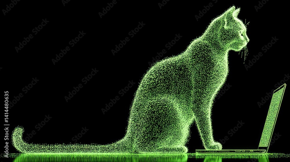 Poster a cat silhouette made of glowing green binary code is located in front of a laptop on a black backgr