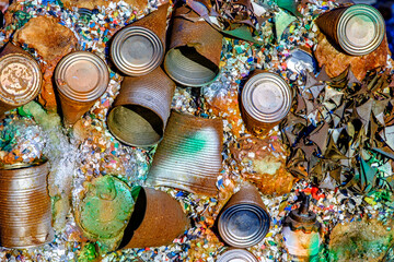 Discarded metal cans and litter scattered on the ground in an urban area, highlighting the need for...