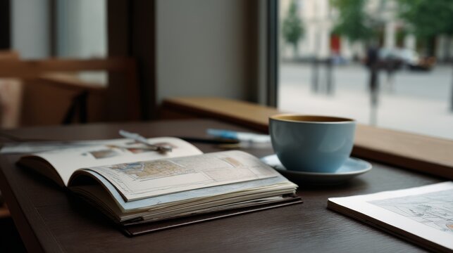 An open book and a steaming cup of coffee sit on a wooden table by the window, creating a cozy atmosphere perfect for reading and reflection.