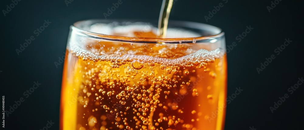 Poster refreshing amber beverage being poured into a glass creating bubbles on a dark background in a close