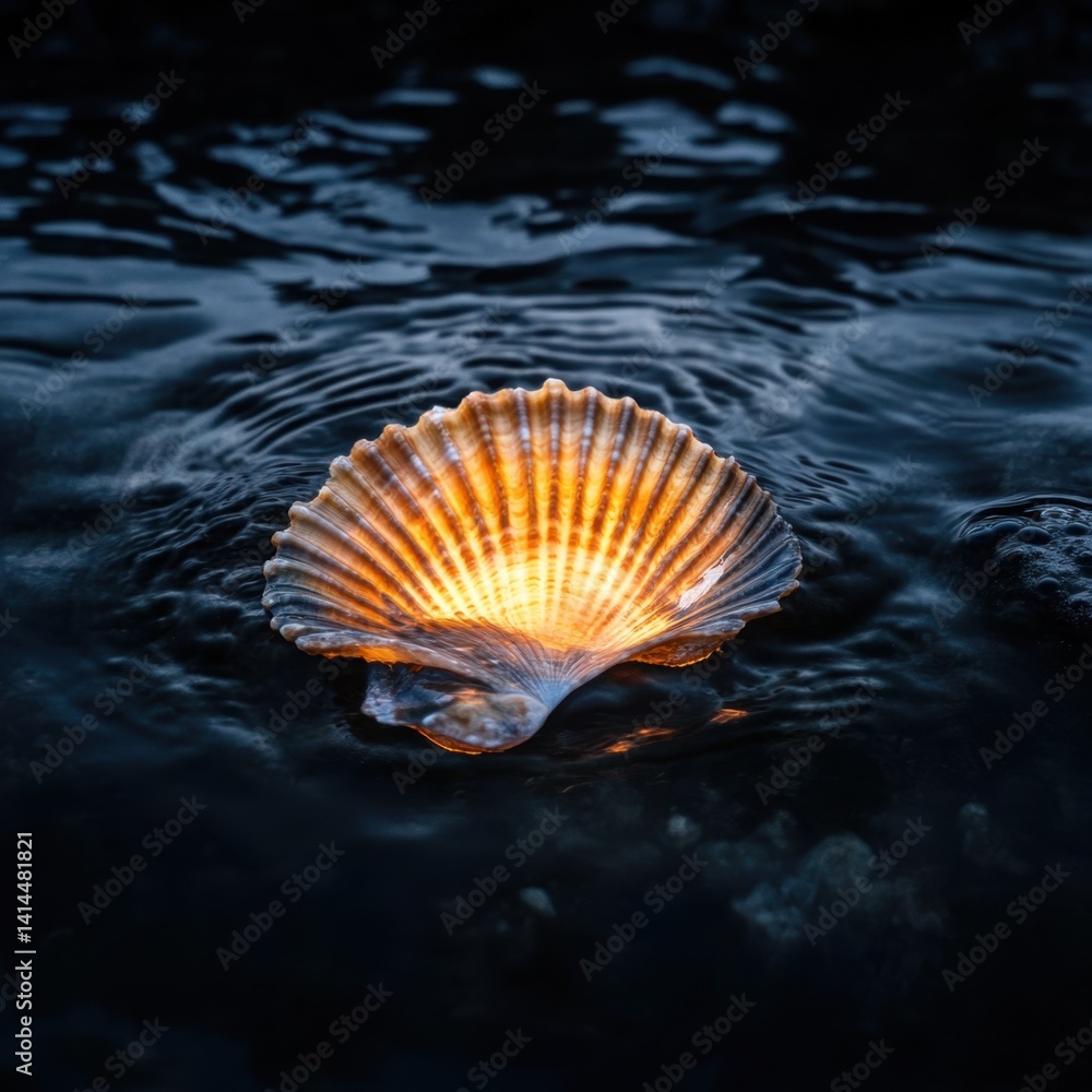 Poster luminous seashell resting gently on dark rippling water creating a serene and captivating scene in n