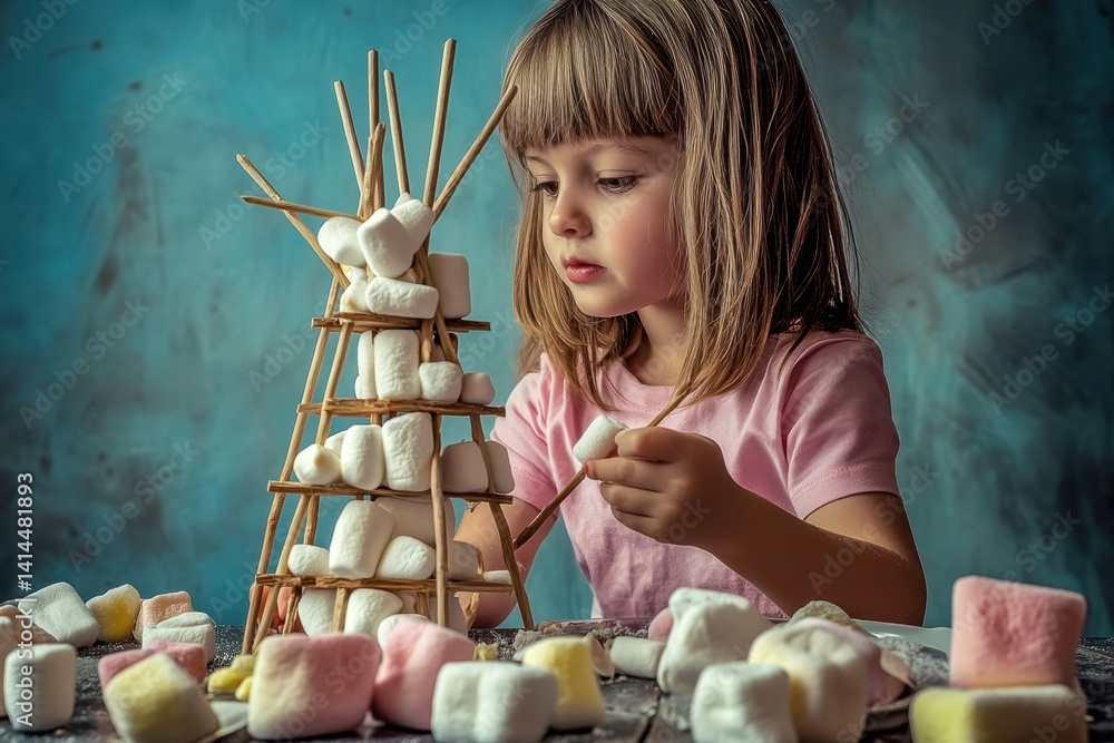 Poster child constructs a tower using marshmallows and sticks indoors during a creative activity