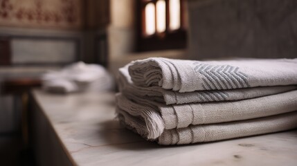 A neat stack of folded towels rests on a marbled surface, drenched in soft natural light, suggesting warmth and serenity.
