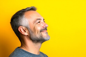 Obraz premium A man with a natural glow and soft masculinity. Creative graphic design of style for aging men. Classy men's high fade haircut - midlife white man with hair. Yellow solid background.