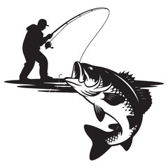 A fisherman catching the big bass fish in Vector Black silhouettes. with white background style