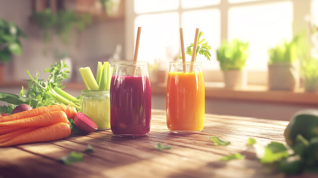 Set of fresh vegetable juices beetroot celery carrot served rustic glass jars wooden straws juices placed wooden table surrounded fresh veggies set in a light filled kitchen with a natural earthy feel - Powered by Adobe