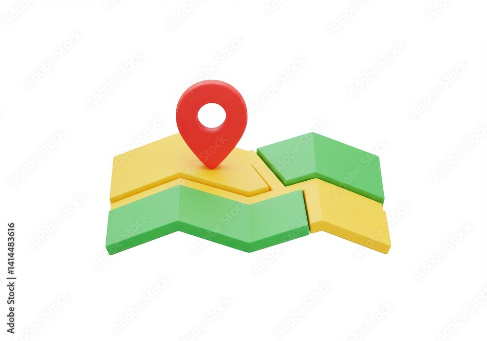 Poster a stylized map with green and yellow sections and a red pin indicating a location on a white backgro