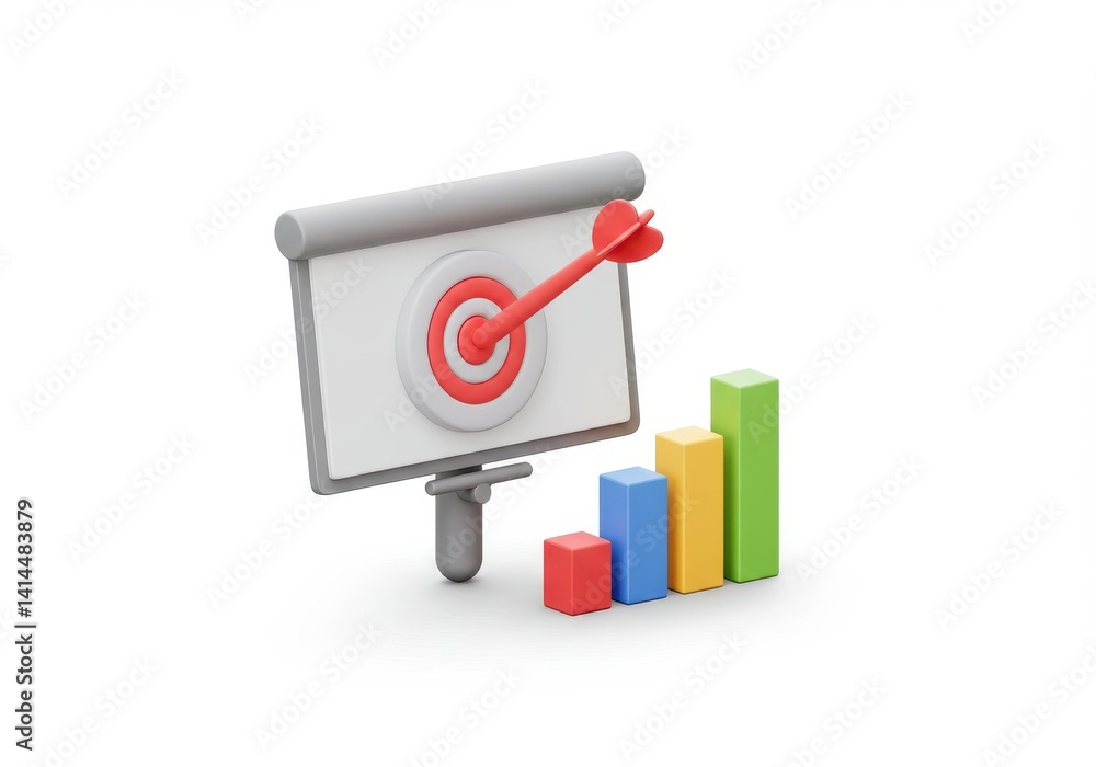 Aufkleber illustration of a target board with an arrow and a bar graph on a white background surface