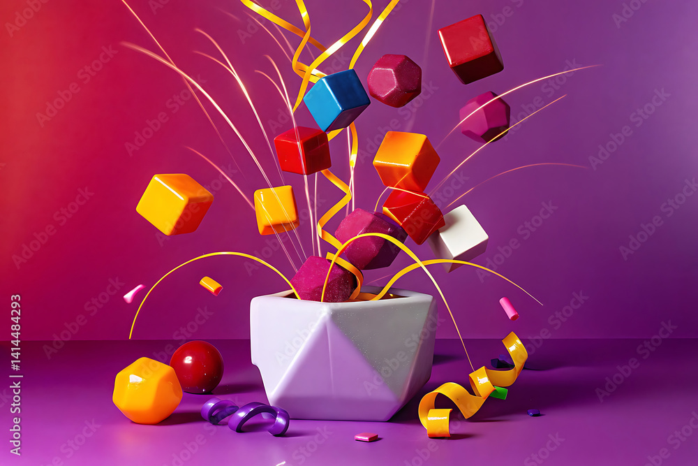 Fototapete vibrant 3d colorful geometric shapes exploding from a pot