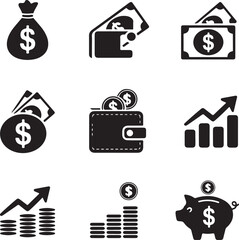 Fototapeta premium Finance icons. Business Icons, money signs. Money silhouette collection. Wallet with cards icon. Coins silhouette icon. 