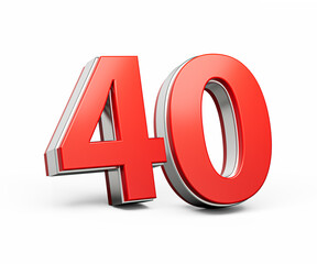 Bold Vibrant Red Number Forty Number 40 With Metallic On White Background 3D Illustration